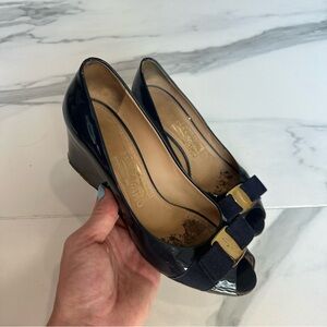 Salvatore Ferragamo Sissi Peep Toe Wedge Pumps Navy Blue, Size 7 Heels Shoes